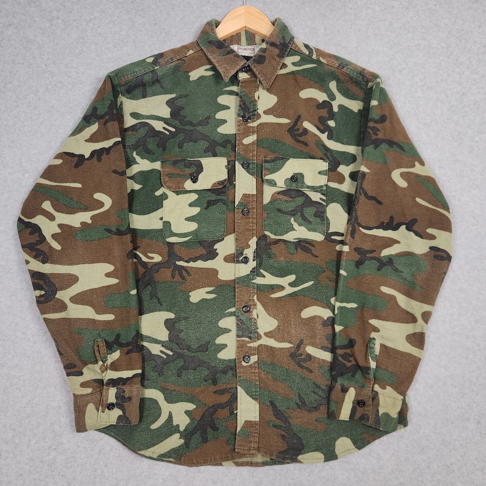 Vintage Five Brothers Shirt Mens Large Camo Chamois Flannel 70s 80s Made in USA